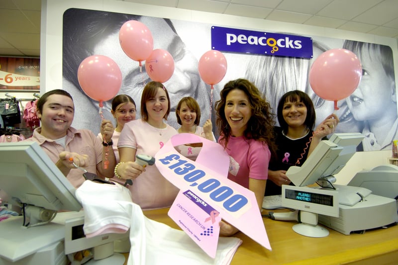 November 2006 and actress Gaynor Faye visited Peacocks store in Seacroft who had raised £130,000 for Cancer Research UK. Pictured are staff, from left, Paul Douglass, Jess Milsted, Vicky Hunt, Sam Badkin and Marianne March.