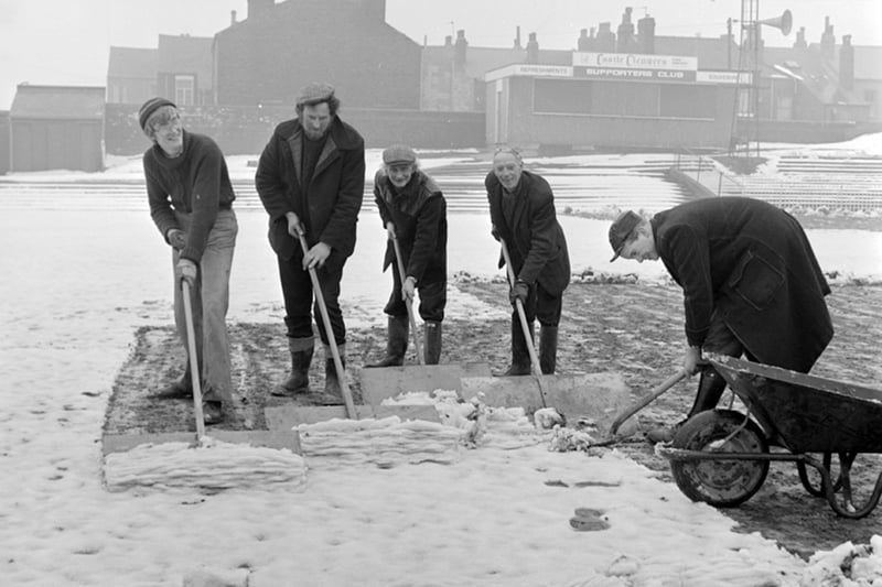 The Wakefield Trinity pitch being cleared of snow in March 1979.