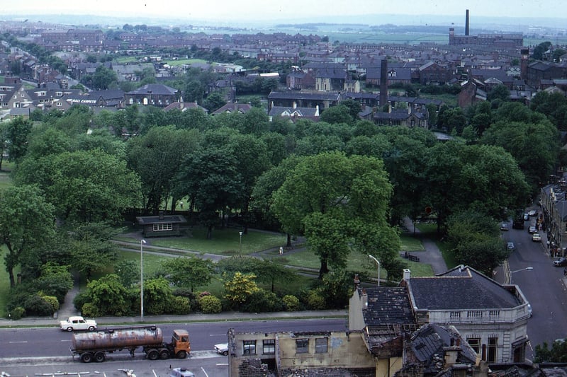Hopkins Gardens with Scatcherd Lane in the foreground and Queen Street on the right. A building at the bottom of the picture is in the process of being demolished. Pictured in June 1973.