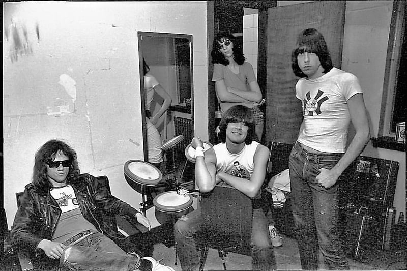 The Ramones pictured backstage at Strathclyde Students' Union on 21 May 1977. Debbie Harry was in the audience to watch the gig as the band  sped through songs from their debut album which included "Blitzkrieg Bop", "Judy Is a Punk" and "Beat on the Brat". 