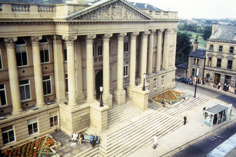 The portico of Morley Town Hall after sandblasting was carried out in August 1973. The view is from the Junction with Queen Street, foreground and Wellington Street.