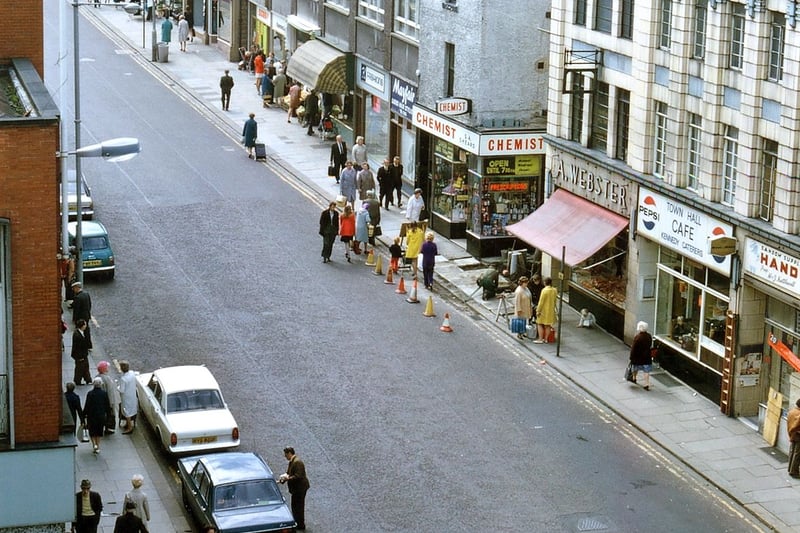 A view southwards along Queen Street taken from the turret at the top of the 1899 Co-op building, later converted at ground floor level into Barclays Bank. Pictured in August 1973.
