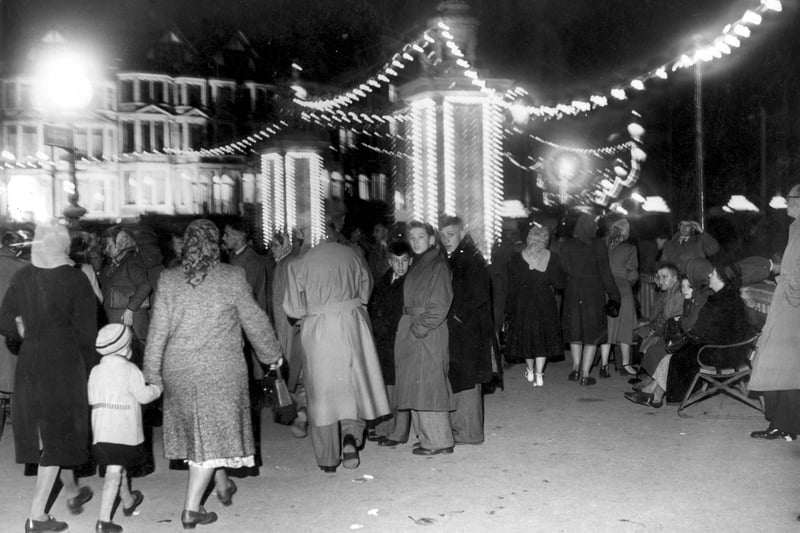 The sunken gardens near Gynn Square in 1949, busy with people for the first Illuminations since 1939 when the Second World War broke out