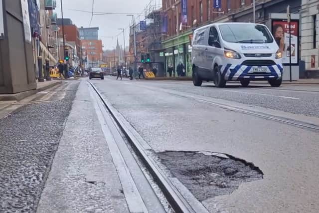 A pothole on West Street, in Sheffield, photographed on February 28, 2024.