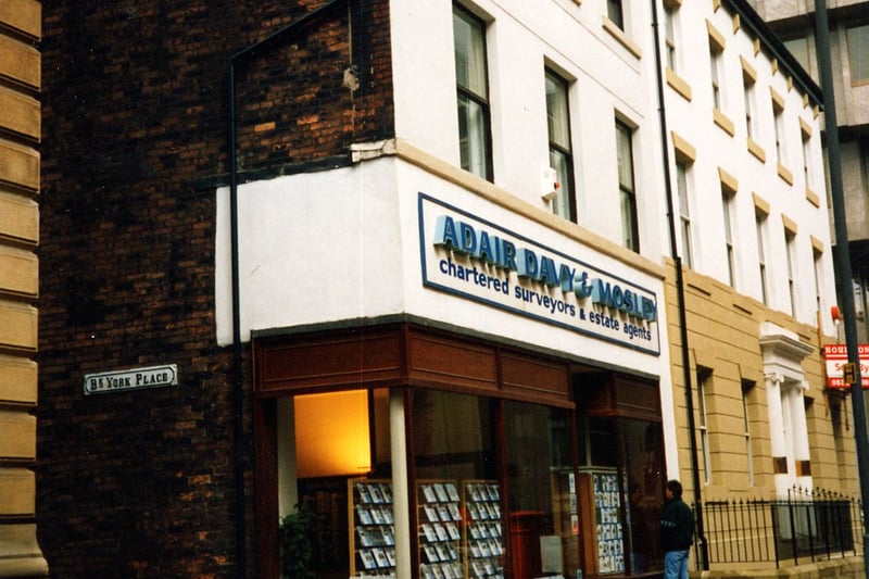 The junction of King Street and Back York Place, showing Adair Davey & Mosley, chartered surveyors and estate agents on the corner at No.5 King Street. Pictured in September 1990.