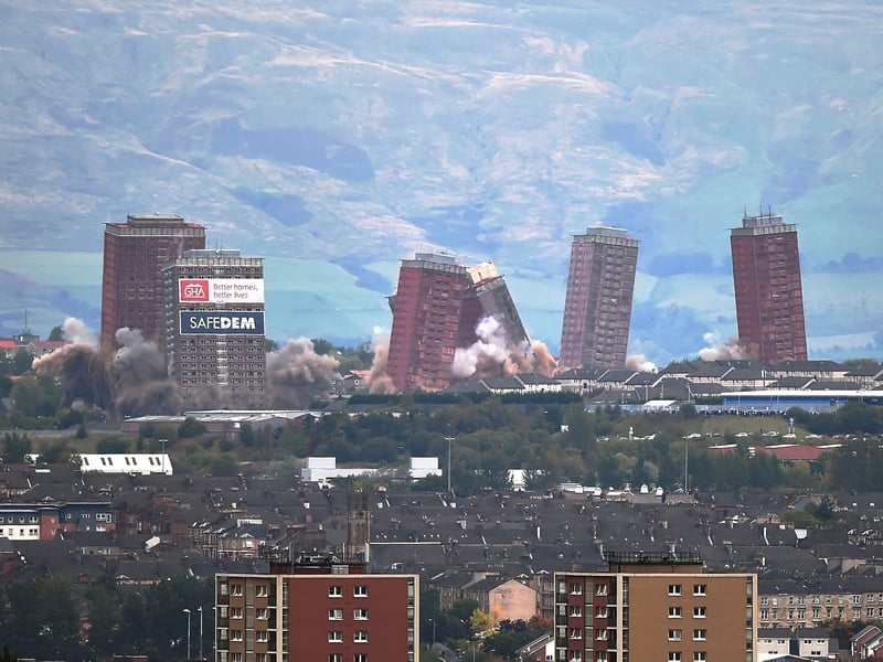 The last remaining Red Road flats are demolished in a controlled explosion on October 11, 2015 in Glasgow. 