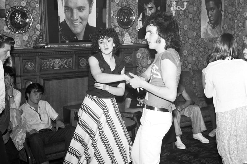 Ian Mackay and Louise Tait demonstrate how to rock'n'roll at a dance held by the Edinburgh branch of the Memphis Mafia at the West End hotel in aid of the Elvis Presley Heart Research Fund in October 1977.