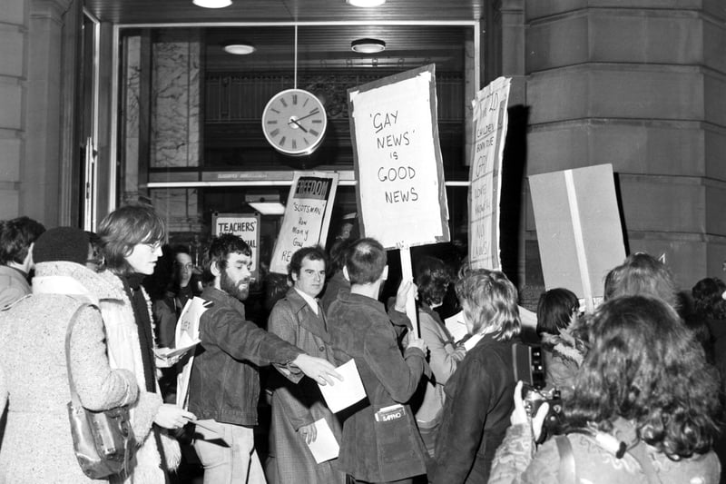 Members of the International Gay Rights Congress group hold a demonstration outside The Scotsman offices in North Bridge Edinburgh in December 1974.
