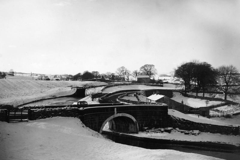 Locks on the Leeds and Liverpool Canal in December 1950.