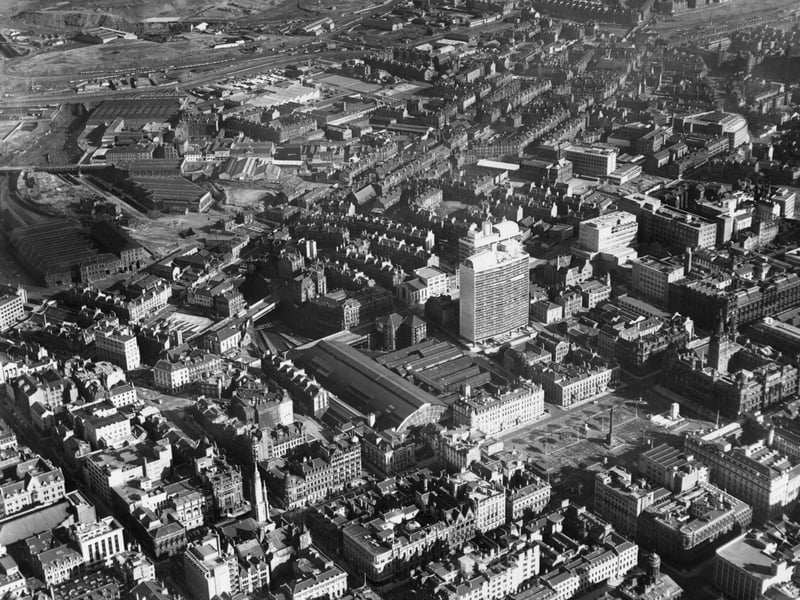 An aerial view of Glasgow. The tall building in the centre is the Stow College of Commerce, with the new buildings of the Royal College of Science and Technology to its right.   