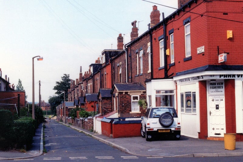 Looking along Back St Ives Mount from Armley Town Street towards the recreation ground. Park View Fisheries can be seen to the right at 162 Town Street. These premises had been a fish shop since around 1913.