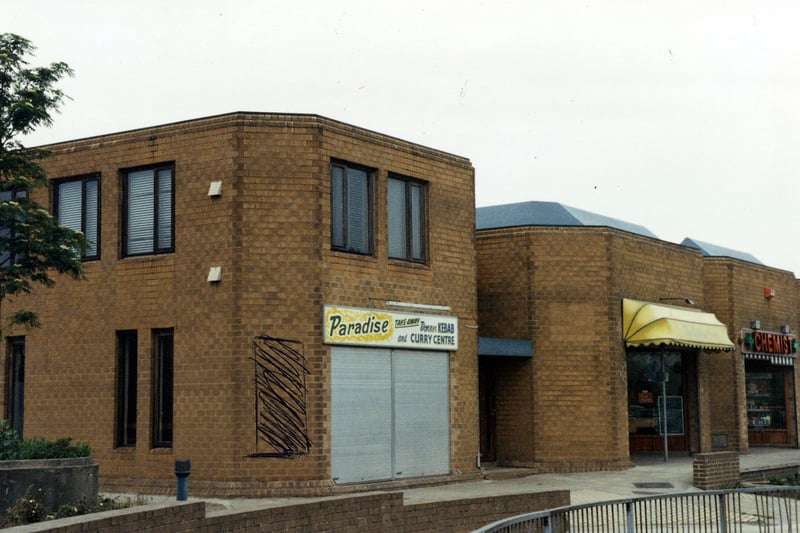 The Fraternity House complex on Church Street, including the Paradise Kebab and Curry Centre in the foreground and a chemist on the right. Pictured in May 1990.
