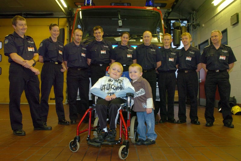 October 2005 and staff at 
Cookridge Fire Station were raising money for spinal disorder sufferers Jack Bird, left and brother, Louis.