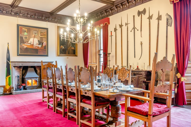 Interior Period features are found throughout Kelly Castle’s 10,600sq ft of interiors, which are spread over five storeys. There are many reception rooms, including a wine cellar, bar, snooker room, cinema, library, plus five bedrooms.