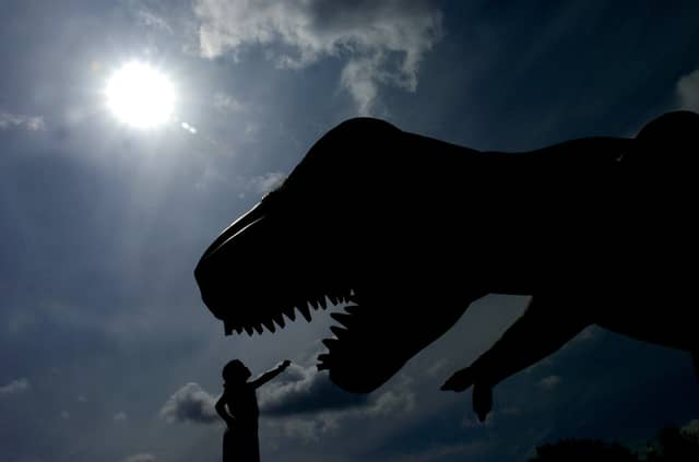 Holy Name Primary pupils Madeleine Durkan tries to fend off the giant inflatable dinosaur, which has appeared on the school's playground in May 2004.