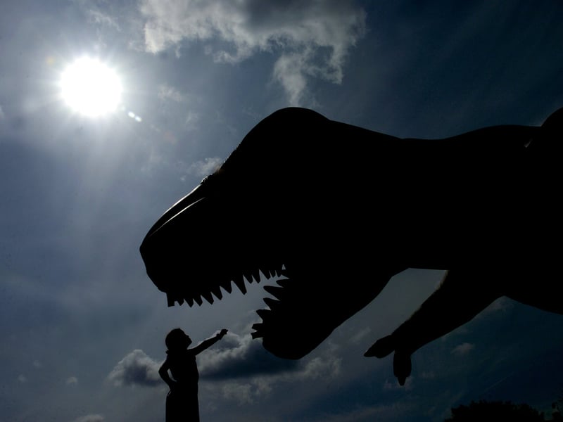 Holy Name Primary pupils Madeleine Durkan tries to fend off the giant inflatable dinosaur, which has appeared on the school's playground in May 2004.
