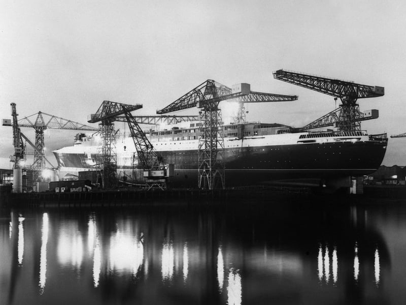 General view dated 19 September 1967 of the ocean liner "Queen Elizabeth II" in the John Brown Shipyard in Clydebank. The "Queen Elizabeth II" was built by the Upper Clyde Shipbuilders and christened and launched by  Queen Elizabeth II on 20 September 1967. 