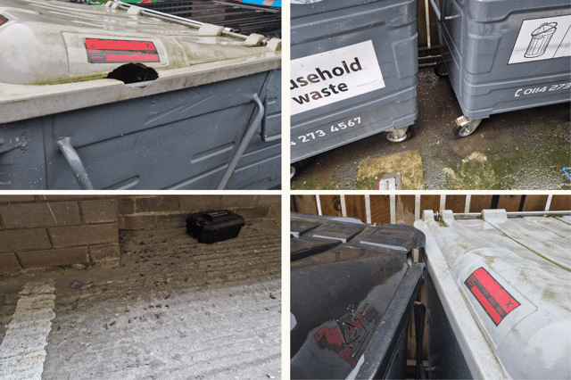 Damaged bin lids and rat droppings in The Fitzgerald bin store and garage.