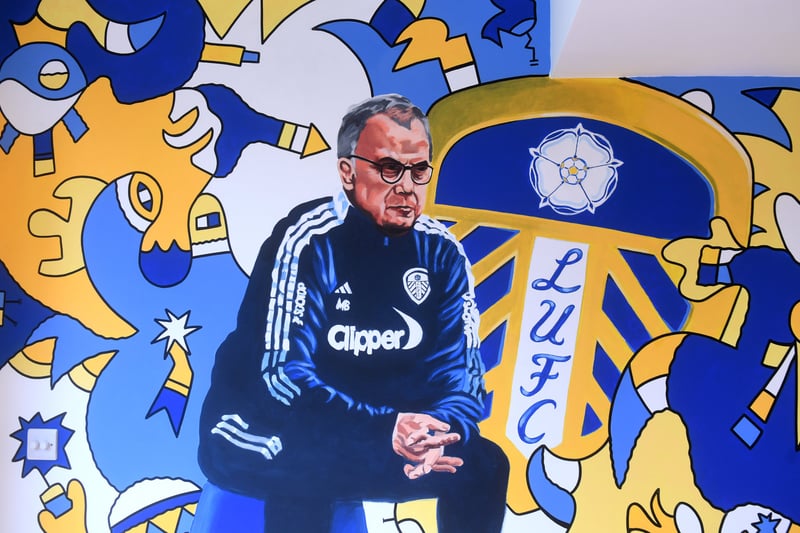 The mural features former Leeds United manager Marcelo Bielsa famously perched on his bucket.