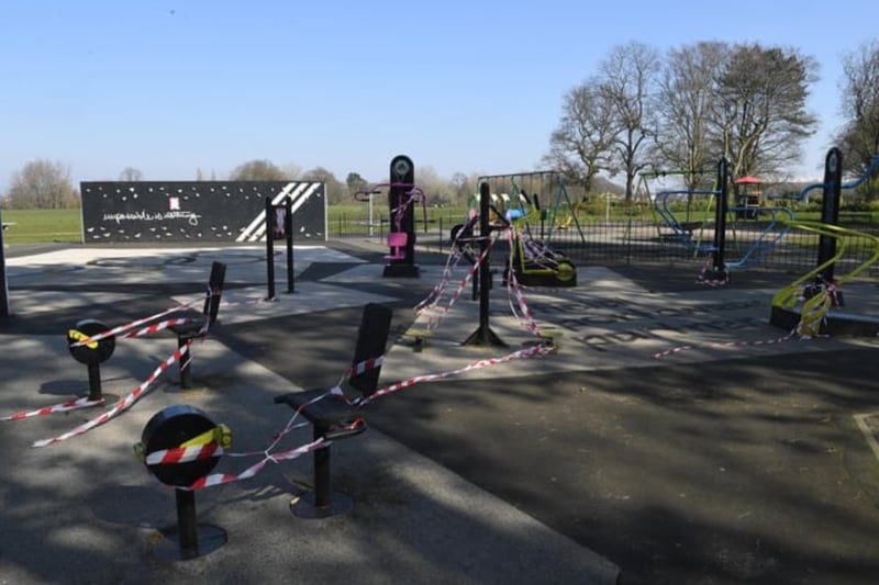 Play equipment on Moor Park lies cordoned off as lockdown forces everyone to stay indoors