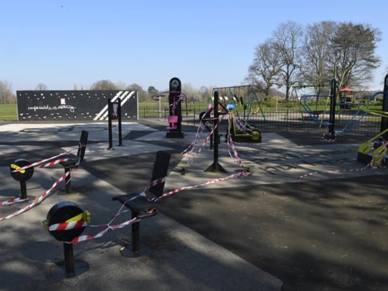 Play equipment on Moor Park lies cordoned off as lockdown forces everyone to stay indoors