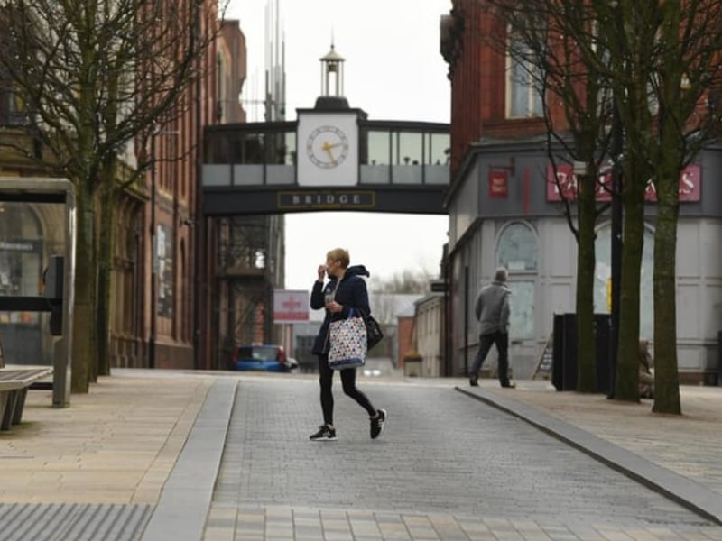 Quiet on the streets of Preston city centre on the first Saturday afternoon after lockdown begins