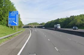 A lane is closed on the M1 near Barnsley due to flooding. Picture: Google