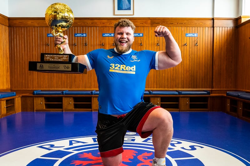 The winner of the World's Strongest Man title on two consecutive times in 2021 and 2022 is pictured celebrating at Ibrox.