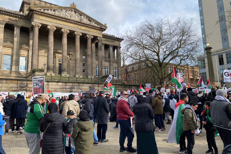 The procession stopped at the Preston Flag Market where a Palestinian flag was flown on a 6 metre pole.