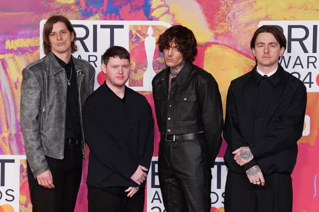 (left-right) Matt Kean, Lee Malia, Oliver Sykes and Mat Nicholls of Bring Me The Horizon attending the Brit Awards 2024 at the O2 Arena, London. Photo:  Ian West/PA Wire
