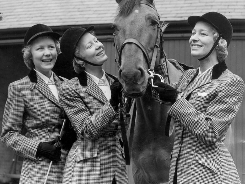 Sisters Teddie, Babs and Joy, with Jenny the horse, 1956. Playing a Blackpool summer season show, they enjoyed horse riding as relaxation