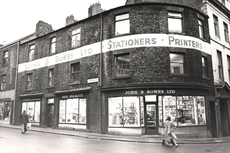 A view of no. 39 Low Friar Street Newcastle upon Tyne taken in 1978. The photograph shows no. 39 Low Friar Street which is on the corner of Fenkle Street and Low Friar Street. The building is the premises of 'John B. Bowes Ltd' with a shop on the ground floor and offices above.
