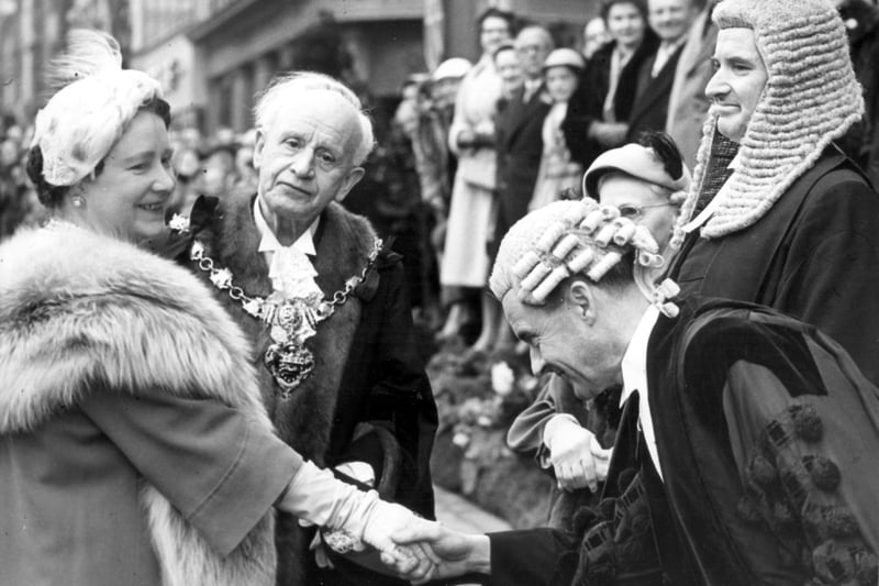 Town Clerk Ernest Lee meets the Queen Mother at  Blackpool Town Hall 1956