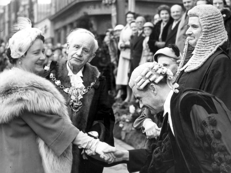 Town Clerk Ernest Lee meets the Queen Mother at Blackpool Town Hall 1956