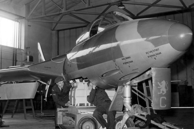 Kirkham RAF personnel maintain a Battle of Britain aircraft in 1956