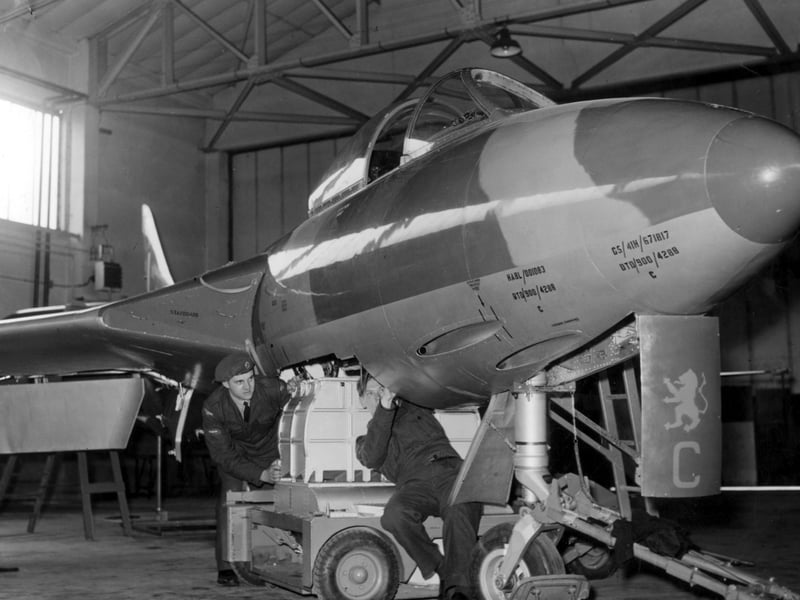 Kirkham RAF personnel maintain a Battle of Britain aircraft in 1956