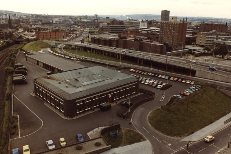 A bird's eye view of the Sandyford Area Newcastle upon Tyne taken in 1978. Sandyford Road is in the foreground with the T.A.V.R. Centre in the centre to the left. The Central Motorway is to the right of the T.A.V.R. Centre with Northumbria University buildings beyond.
