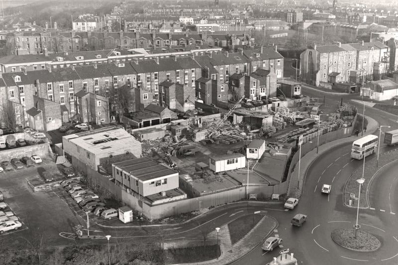  A bird's eye view of construction work on the Metro in the Sandyford Road area Jesmond taken in 1978. Sandyford Road is in the foreground with the Metro site buildings beyond. The rear of houses on Jesmond Road West can be seen in the centre. Buildings in Jesmond and Sandyford can be seen in the background.