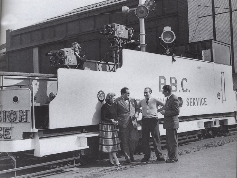 TV Tram in 1956 with Richard Dimbleby, his wife, BBC producer Barney Colehan and Blackpool Publicity Officer Harry Porter