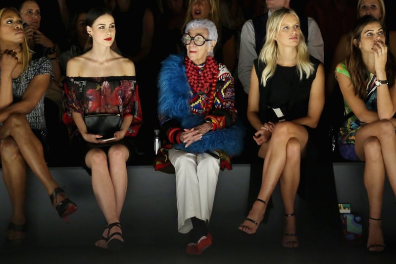 NEW YORK, NY - SEPTEMBER 10: (L-R) Actress Laverne Cox, businesswoman Iris Apfel (2nd from R), and model Karolina Kurkova attend the Desigual fashion show during Spring 2016 New York Fashion Week: The Shows at The Arc, Skylight at Moynihan Station on September 10, 2015 in New York City. (Photo by Monica Schipper/Getty Images for NYFW: The Shows)