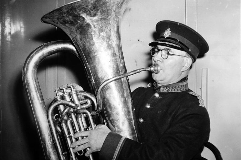 Leeds Town Hall hosted the Yorkshire v County Durham Inter County Brass Band contest in November 1949. Pictured is euphonium player Major Arthur Dodd from Murton Colliery, Durham.