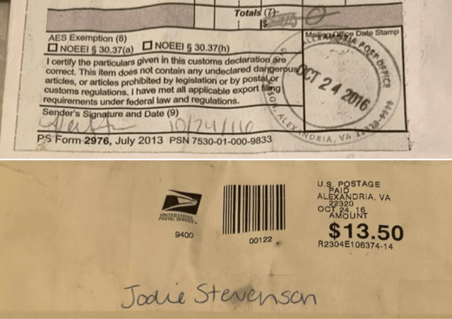A parcel for Jodie Stevenson, formerly of Whitham Road, send in 2016.