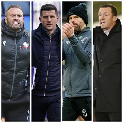 The finish line is getting nearer for, from left to right, Bolton's Ian Evatt, Pompey's John Mousinho, Derby's Paul Warne and Barnsley's Neill Collins.