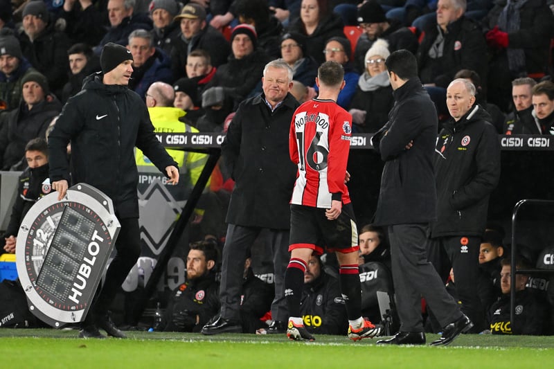 Began in a double midfield pivot with Souza but was the unfortunate fall guy when Wilder made an early sub to bring on Osborn and move to a back three, making way after 16 minutes and heading down the tunnel after a brief conciliatory word and head-rub from boss Wilder. Norwood will have been understandably frustrated but United had to change something, at 3-0 down after 15 minutes, although he had made a good block to throw himself in the way of Jorginho's shot as the Arsenal onslaught began
