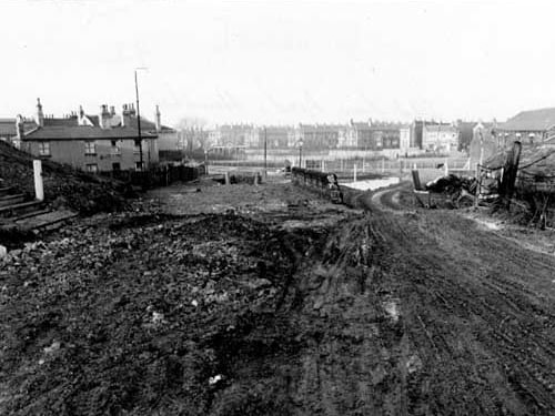 Old Run Road looking north towards Moor Road. Engine farm is to the left of the photograph taken in January 1956.