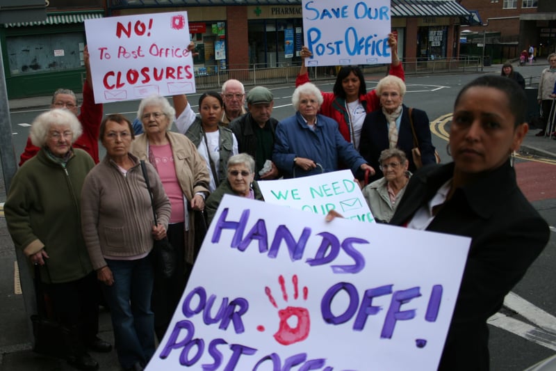 Coun Alison Lowe and local residents protest about plans to close the Post Office on Town Street. Pictured in August 2007.