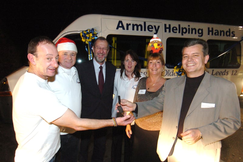 December 2007 and Paul Tallentire, president of Farnell Europe, right, hands over the keys to the new Armley Helping Hands minibus on behalf of the Dimbley Memorial Trust to driver David Stubbs with Jim McKenna, John Battle MP, Viv Newhouse and Dawn Newsome looking on.