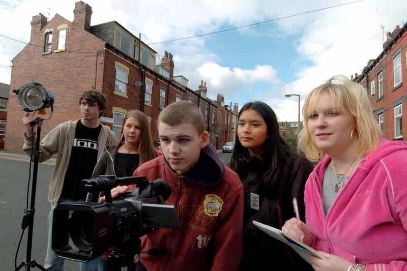 Filming in the streets of Armley in September 2007 are five members of Interplay  who had secured an £80,000 grant. Pictured, from left, are Tom Jordan, Katie Dunne, Graham Horner, Sukbir Kaur and Lucy Glasper.
