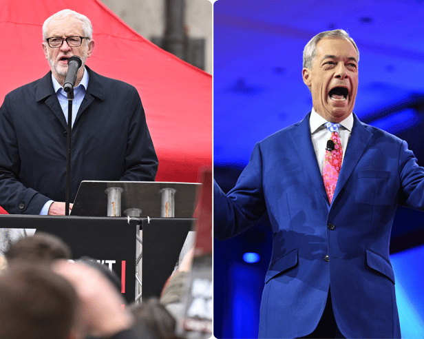 Jeremy Corbyn has instructed his lawyers to begin legal proceedings against Nigel Farage. (Photos from Getty Images)