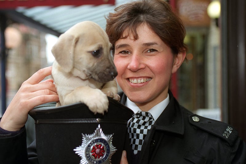 P.C. Julie Benn with a new recruit for Blackpool police.
